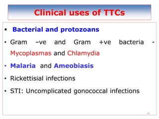 74
Clinical uses of TTCs
 Bacterial and protozoans
• Gram –ve and Gram +ve bacteria -
Mycoplasmas and Chlamydia
• Malaria and Ameobiasis
• Rickettisial infections
• STI: Uncomplicated gonococcal infections
 