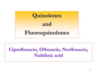 Ciprofloxacin, Ofloxacin, Norfloxacin,
Nalidixic acid
Quinolones
and
Fluoroquinolones
93
 