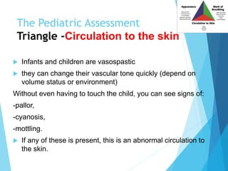 The Pediatric Assessment
Triangle -Circulation to the skin
 Infants and children are vasospastic
 they can change their vascular tone quickly (depend on
volume status or environment)
Without even having to touch the child, you can see signs of:
-pallor,
-cyanosis,
-mottling.
 If any of these is present, this is an abnormal circulation to
the skin.
 
