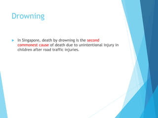 Drowning
 In Singapore, death by drowning is the second
commonest cause of death due to unintentional injury in
children after road traffic injuries.
 