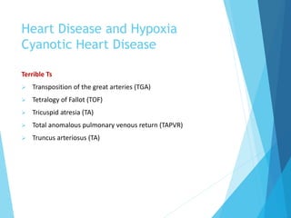 Heart Disease and Hypoxia
Cyanotic Heart Disease
Terrible Ts
 Transposition of the great arteries (TGA)
 Tetralogy of Fallot (TOF)
 Tricuspid atresia (TA)
 Total anomalous pulmonary venous return (TAPVR)
 Truncus arteriosus (TA)
 