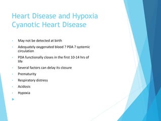 Heart Disease and Hypoxia
Cyanotic Heart Disease
• May not be detected at birth
• Adequately oxygenated blood ? PDA ? systemic
circulation
• PDA functionally closes in the first 10-14 hrs of
life
• Several factors can delay its closure
• Prematurity
• Respiratory distress
• Acidosis
• Hypoxia

 