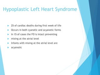 Hypoplastic Left Heart Syndrome
 25 of cardiac deaths during first week of life
 Occurs in both cyanotic and acyanotic forms
 In 15 of cases the FO is intact preventing
 mixing at the atrial level
 Infants with mixing at the atrial level are
 acyanotic
 