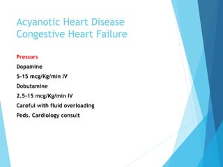 Acyanotic Heart Disease
Congestive Heart Failure
Pressors
Dopamine
5-15 mcg/Kg/min IV
Dobutamine
2.5-15 mcg/Kg/min IV
Careful with fluid overloading
Peds. Cardiology consult
 