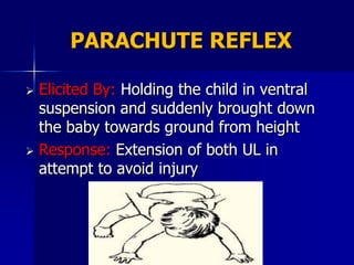 PARACHUTE REFLEX

 Elicited By: Holding the child in ventral
  suspension and suddenly brought down
  the baby towards ground from height
 Response: Extension of both UL in
  attempt to avoid injury
 