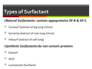 Types of Surfactant
Natural Surfactants: contain appoproteins SP-B & SP-C
 Curosurf (extract of pig lung mince)
 Survanta (extract of cow lung mince)
 Infasurf (extract of calf lung)
Synthetic Surfactants:do not contain proteins
 Exocerf
 ALEC
 Lucinactant (Surfaxin)
 