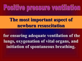 for ensuring adequate ventilation of the
lungs, oxygenation of vital organs, and
initiation of spontaneous breathing.
The most important aspect ofThe most important aspect of
newborn resuscitationnewborn resuscitation
 
