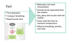 Yes!
Term gestation
 Crying or breathing
Good muscle tone
• Baby does not need
resuscitation
• Should not be separated from
the mother.
• Dry, place skin-to-skin with the
mother
• Cover with dry linen to
maintain temperature
• Observe breathing, activity,
and color
 