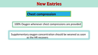 New EntriesNew Entries
100% Oxygen whenever chest compressions are provided
Supplementary oxygen concentration should be weaned as soon
as the HR recovers
Chest compression
 