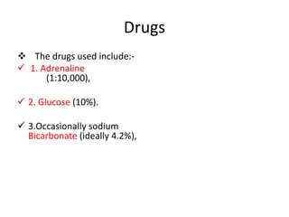 Drugs
 The drugs used include:-
 1. Adrenaline
(1:10,000),
 2. Glucose (10%).
 3.Occasionally sodium
Bicarbonate (ideally 4.2%),
 