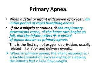 Primary Apnea.
• When a fetus or infant is deprived of oxygen, an
initial period of rapid breathing occurs.
• If the asphyxia continues, the respiratory
movements cease,  the heart rate begins to
fall, and the infant enters a period
of apnea known as primary apnea.
This is the first sign of oxygen deprivation, usually
related to labor and delivery events.
 When in primary apnea, the infant responds to -
o Tactile stimulation such as drying or slapping
the infant's feet o Free flow oxygen.
 