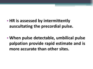 • HR is assessed by intermittently
auscultating the precordial pulse.
• When pulse detectable, umbilical pulse
palpation provide rapid estimate and is
more accurate than other sites.
 
