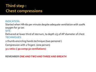 INDICATION:
Started when HR<60 per minute despite adequate ventilation with 100%
oxygen for 30 sec
SITE:
Delivered at lower third of sternum, to depth 1/3 of AP diameter of chest
TECHNIQUES:
2 thumb-encircling hands technique (two personel )
Compression with 2 fingers (one person)
3:1 ratio::[ 90 comp:30 ventilations)
REMEMBER ONE ANDTWO ANDTHREE AND BREATH
 