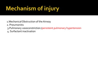 1.MechanicalObstruction of the Airway
2. Pneumonitis
3.Pulmonary vasoconstriction /persistent pulmonary hypertension
4. Surfactant inactivation
 