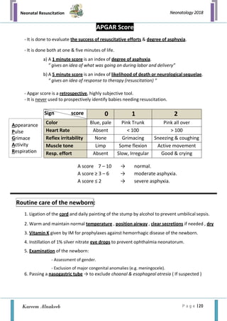 Neonatal Resuscitation
P a g e | 20
Neonatology 2018
Kareem Alnakeeb
APGAR Score
- It is done to evaluate the success of resuscitative efforts & degree of asphyxia.
- It is done both at one & five minutes of life.
a) A 1 minute score is an index of degree of asphyxia.
” gives an idea of what was going on during labor and delivery”
b) A 5 minute score is an index of likelihood of death or neurological sequelae.
“ gives an idea of response to therapy (resuscitation) “
- Apgar score is a retrospective, highly subjective tool.
- It is never used to prospectively identify babies needing resuscitation.
Sign score 0 1 2
Color Blue, pale Pink Trunk Pink all over
Heart Rate Absent < 100 > 100
Reflex irritability None Grimacing Sneezing & coughing
Muscle tone Limp Some flexion Active movement
Resp. effort Absent Slow, Irregular Good & crying
A score 7 – 10 → normal.
A score ≥ 3 – 6 → moderate asphyxia.
A score ≤ 2 → severe asphyxia.
1. Ligation of the cord and daily painting of the stump by alcohol to prevent umbilical sepsis.
2. Warm and maintain normal temperature , position airway , clear secretions if needed , dry
3. Vitamin K given by IM for prophylaxes against hemorrhagic disease of the newborn.
4. Instillation of 1% silver nitrate eye drops to prevent ophthalmia neonatorum.
5. Examination of the newborn:
- Assessment of gender.
- Exclusion of major congenital anomalies (e.g. meningocele).
6. Passing a nasogastric tube → to exclude choanal & esophageal atresia ( If suspected )
Routine care of the newborn:
Appearance
Pulse
Grimace
Activity
Respiration
 