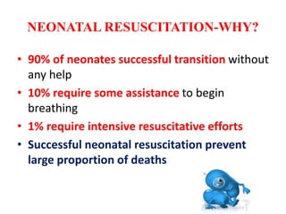 NEONATAL RESUSCITATION-WHY?
• 90% of neonates successful transition without
any help
• 10% require some assistance to begin
breathing
• 1% require intensive resuscitative efforts
• Successful neonatal resuscitation prevent
large proportion of deaths
 