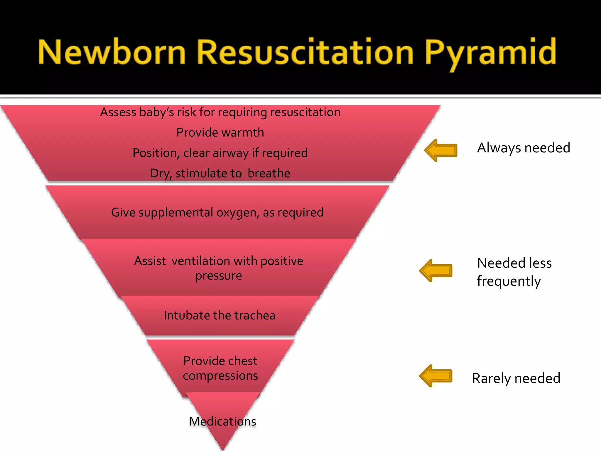 Assess baby’s risk for requiring resuscitation
Provide warmth
Position, clear airway if required
Dry, stimulate to breathe
Give supplemental oxygen, as required
Assist ventilation with positive
pressure
Intubate the trachea
Provide chest
compressions
Medications
Always needed
Needed less
frequently
Rarely needed
 