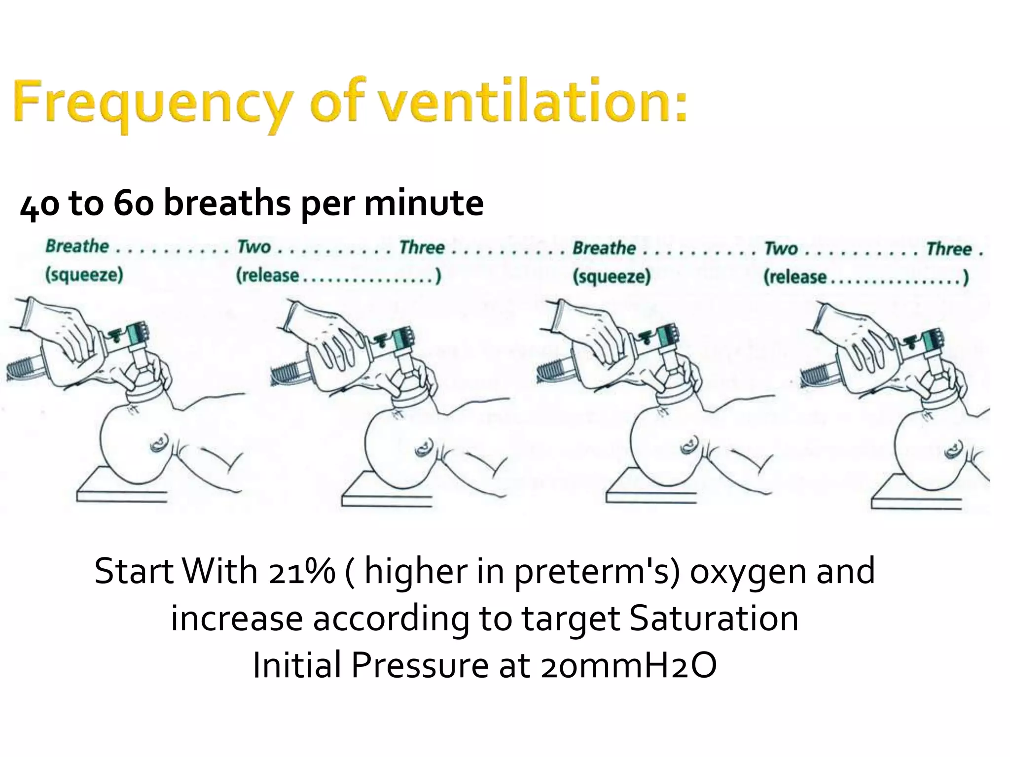 40 to 60 breaths per minute
Start With 21% ( higher in preterm's) oxygen and
increase according to target Saturation
Initial Pressure at 20mmH2O
 
