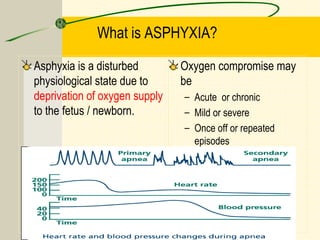 What is ASPHYXIA?
Asphyxia is a disturbed
physiological state due to
deprivation of oxygen supply
to the fetus / newborn.
Oxygen compromise may
be
– Acute or chronic
– Mild or severe
– Once off or repeated
episodes
 