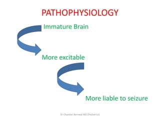 PATHOPHYSIOLOGY
Immature Brain
More excitable
More liable to seizure
Dr Chandan Barnwal MD (Pediatrics)
 