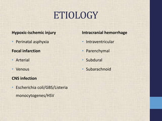 ETIOLOGY
Hypoxic-ischemic injury
• Perinatal asphyxia
Focal infarction
• Arterial
• Venous
CNS infection
• Escherichia coli/GBS/Listeria
monocytogenes/HSV
Intracranial hemorrhage
• Intraventricular
• Parenchymal
• Subdural
• Subarachnoid
 