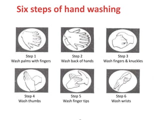 Teaching Aids: NNF NS- 21
A scanned picture of steps of hand
washing
Six steps of hand washing
Step 1
Wash palms with fingers
Step 2
Wash back of hands
Step 3
Wash fingers & knuckles
Step 5
Wash finger tips
Step 6
Wash wrists
Step 4
Wash thumbs
 