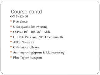 Course contd
ON 5/12/00
 P-As above
 S-No spasms, has sweating
 O-PR-110’ RR-58’ Afeb.
 HEENT- Pink conj,NIS; Opens mouth
 ABD- No spasm
 CNS-Intact reflexes
 Ass- improving(spasm & RR decreasing)
 Plan-Tapper diazepam
 