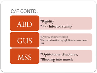 C/F CONTD.
•Rigidity
•+/- Infected stump
ABD
•Dysuria, urinary retention
•Forced defecation, myoglobinuria, sometimes
RF
GUS
•Opistotonus ,Fractures,
•Bleeding into muscle
MSS
 
