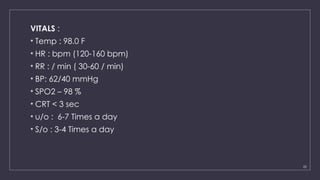 22
VITALS :
• Temp : 98.0 F
• HR : bpm (120-160 bpm)
• RR : / min ( 30-60 / min)
• BP: 62/40 mmHg
• SPO2 – 98 %
• CRT < 3 sec
• u/o : 6-7 Times a day
• S/o : 3-4 Times a day
 