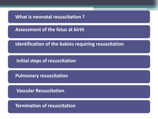 What is neonatal resuscitation ?
Assessment of the fetus at birth
Identification of the babies requiring resuscitation
Initial steps of resuscitation
Pulmonary resuscitation
Vascular Resuscitation
Termination of resuscitation
 