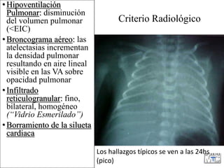 Criterio Radiológico
• Hipoventilación
Pulmonar: disminución
del volumen pulmonar
(<EIC)
• Broncograma aéreo: las
atelecta...
