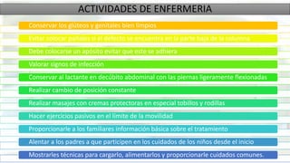 ACTIVIDADES DE ENFERMERIA
Conservar los glúteos y genitales bien limpios
Evitar colocar pañales si el defecto se encuentra en la parte baja de la columna
Debe colocarse un apósito evitar que este se adhiera
Valorar signos de infección
Conservar al lactante en decúbito abdominal con las piernas ligeramente flexionadas
Realizar cambio de posición constante
Realizar masajes con cremas protectoras en especial tobillos y rodillas
Hacer ejercicios pasivos en el límite de la movilidad
Proporcionarle a los familiares información básica sobre el tratamiento
Alentar a los padres a que participen en los cuidados de los niños desde el inicio
Mostrarles técnicas para cargarlo, alimentarlos y proporcionarle cuidados comunes.
 