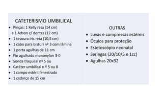 CATETERISMO UMBILICAL
Pinças: 1 Kelly reta (14 cm)
e 1 Adson c/ dentes (12 cm)
1 tesoura íris reta (10,5 cm)
1 cabo para bisturi nº 3 com lâmina
1 porta agulhas de 11 cm
Fio agulhado mononylon 3-0
Sonda traqueal nº 5 ou
Catéter umbilical n º 5 ou 8
1 campo estéril fenestrado
1 cadarço de 15 cm
OUTRAS
Luvas e compressas estéreis
Óculos para proteção
Estetoscópio neonatal
Seringas (20/10/5 e 1cc)
Agulhas 20x32
 