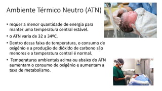 Ambiente Térmico Neutro (ATN)
• requer a menor quantidade de energia para
manter uma temperatura central estável.
• o ATN varia de 32 a 34ºC.
• Dentro dessa faixa de temperatura, o consumo de
oxigênio e a produção de dióxido de carbono são
menores e a temperatura central é normal.
• Temperaturas ambientais acima ou abaixo do ATN
aumentam o consumo de oxigênio e aumentam a
taxa de metabolismo.
 