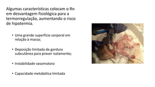 Algumas características colocam o Rn
em desvantagem fisiológica para a
termorregulação, aumentando o risco
de hipotermia.
• Uma grande superfície corporal em
relação à massa;
• Deposição limitada de gordura
subcutânea para prover isolamento;
• Instabilidade vasomotora
• Capacidade metabólica limitada
 