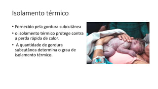 Isolamento térmico
• Fornecido pela gordura subcutânea
• o isolamento térmico protege contra
a perda rápida de calor.
• A quantidade de gordura
subcutânea determina o grau de
isolamento térmico.
 