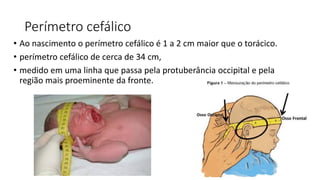 Perímetro cefálico
• Ao nascimento o perímetro cefálico é 1 a 2 cm maior que o torácico.
• perímetro cefálico de cerca de 34 cm,
• medido em uma linha que passa pela protuberância occipital e pela
região mais proeminente da fronte.
 