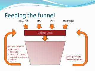 Feeding the funnel
Unique users
Harness users to
create virality:
• Referrals
• Facebook Connect
• Importing contacts
• Twitter
MarketingPRSEOSEM/PPC
Cross-promote
from other titles
 