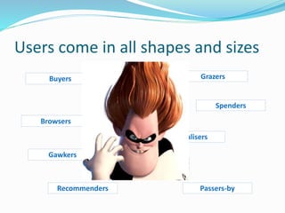 Users come in all shapes and sizes
Buyers
Sneezers
Influencers
Browsers
Spenders
Socialisers
Gawkers
Grazers
Recommenders Passers-by
 