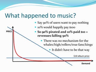 What happened to music?
 Say 90% of users want to pay nothing
 10% would happily pay $100
 So 90% pirated and 10% paid $10 =
revenues falling 90%
PRICE
Demand
 There was no mechanism for the
whales/high/rollers/true fans/kings
$10 album price
 It didn’t have to be that way
 