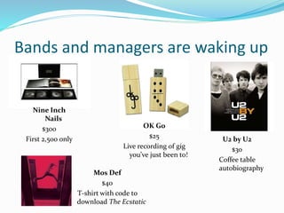 Bands and managers are waking up
Nine Inch
Nails
$300
First 2,500 only
OK Go
$25
Live recording of gig
you’ve just been to!
U2 by U2
$30
Coffee table
autobiography
Mos Def
$40
T-shirt with code to
download The Ecstatic
 