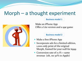 Morph – a thought experiment
Business model 2
 Make a free iPhone App
 Incorporate ads for a limited edition,
1,000-only print of the original
Morph, framed for your wall for $999
 Conversion rate of 0.1% = same
revenue (oh, no 30% to Apple)
Business model 1
Make an iPhone App
Offer a Lite version and a 99¢ game
 