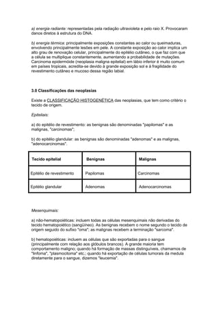 a) energia radiante: representadas pela radiação ultravioleta e pelo raio X. Provocaram
danos diretos à estrutura do DNA.

b) energia térmica: principalmente exposições constantes ao calor ou queimaduras,
envolvendo principalmente lesões em pele. A constante exposição ao calor implica um
alto grau de renovação celular, principalmente do epitélio cutâneo, o que faz com que
a célula se multiplique constantemente, aumentando a probabilidade de mutações.
Carcinoma epidermóide (neoplasia maligna epitelial) em lábio inferior é muito comum
em países tropicais, acredita-se devido à grande exposição sol e à fragilidade do
revestimento cutâneo e mucoso dessa região labial.



3.0 Classificações das neoplasias

Existe a CLASSIFICAÇÃO HISTOGENÉTICA das neoplasias, que tem como critério o
tecido de origem.

Epiteliais:

a) do epitélio de revestimento: as benignas são denominadas "papilomas" e as
malignas, "carcinomas";

b) do epitélio glandular: as benignas são denominadas "adenomas" e as malignas,
"adenocarcinomas".


Tecido epitelial              Benignas                     Malignas


Epitélio de revestimento      Papilomas                    Carcinomas


Epitélio glandular            Adenomas                     Adenocarcinomas




Mesenquimais:

a) não-hematopoiéticas: incluem todas as células mesenquimais não derivadas do
tecido hematopoiético (sangüíneo). As benignas recebem o nome segundo o tecido de
origem seguido do sufixo "oma"; as malignas recebem a terminação "sarcoma".

b) hematopoiéticas: incluem as células que são exportadas para o sangue
(principalmente com relação aos glóbulos brancos). A grande maioria tem
comportamento maligno; quando há formação de massas distinguíveis, chamamos de
"linfoma", "plasmocitoma" etc.; quando há exportação de células tumorais da medula
diretamente para o sangue, dizemos "leucemia".
 