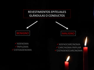 BENIGNO MALIGNO
ADENOMA
PAPILOMA
CISTOADENOMA
ADENOCARCINOMA
CARCINOMA PAPILAR
CISTADENOCARCINOMA
REVESTIMIENTOS EPITELIALES
GLÁNDULAS O CONDUCTOS
 