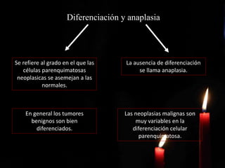 Diferenciación y anaplasia
Se refiere al grado en el que las
células parenquimatosas
neoplasicas se asemejan a las
normales.
La ausencia de diferenciación
se llama anaplasia.
En general los tumores
benignos son bien
diferenciados.
Las neoplasias malignas son
muy variables en la
diferenciación celular
parenquimatosa.
 