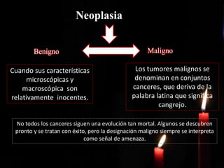Neoplasia
Benigno Maligno
Cuando sus características
microscópicas y
macroscópica son
relativamente inocentes.
Los tumores malignos se
denominan en conjuntos
canceres, que deriva de la
palabra latina que significa
cangrejo.
No todos los canceres siguen una evolución tan mortal. Algunos se descubren
pronto y se tratan con éxito, pero la designación maligno siempre se interpreta
como señal de amenaza.
 