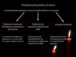 Predisposición genética al cáncer
La predisposición genética al cáncer puede dividirse en 3 grupos
Síndromes cancerosos
hereditarios autosómicos
dominantes
Síndromes de
reparación defectiva del
ADN
Canceres familiares
La mutación hereditaria se
produce en un único alelo
de un gen supresor tumoral
Caracterizado por
inestabilidad de los
cromosomas y defecto de
reparación del ADN
Edad precoz de inicio ,
tumores que se originan en
2 o mas familiares
cercanos
 
