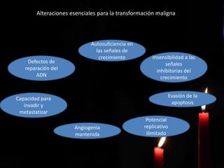 Alteraciones esenciales para la transformación maligna
Autosuficiencia en
las señales de
crecimiento Insensibilidad a las
señales
inhibitorias del
crecimiento
Defectos de
reparación del
ADN
Evasión de la
apoptosis
Capacidad para
invadir y
metastatizar
Potencial
replicativo
ilimitado
Angiogenia
mantenida
 