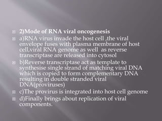  2)Mode of RNA viral oncogenesis
 a)RNA virus invade the host cell ,the viral
envelope fuses with plasma membrane of host
cell,viral RNA genome as well as reverse
transcriptase are released into cytosol
 b)Reverse transcriptase act as template to
synthesise single strand of matching viral DNA
which is copied to form complementary DNA
resulting in double stranded viral
DNA(proviruses)
 c)The provirus is integrated into host cell genome
 d)Finally brings about replication of viral
components.
 