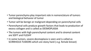 • Tumor parenchyma play important role in nomenclature of tumors
and biological behavior of tumor
• Tumor will be benign or malignant depending on parenchymal cells
• Parenchymal cells produce growth factors that leads to production of
excess collagen and is called as DESMOPLASIA
• The tumors with high parenchymal content and lo stromal content
are SOFT and FLESHY
• In some tumors, severe desmoplasia is seen and is called as
SCIRRHOUS TUMORS which are stony hard ( e.g. female breast)
 